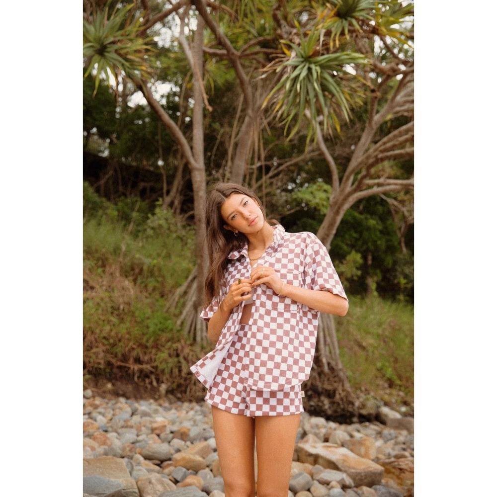 Araminta James Terry Button Down Short Sleeve Shirt Retro Check Brown Size XS - Picture 1 of 7